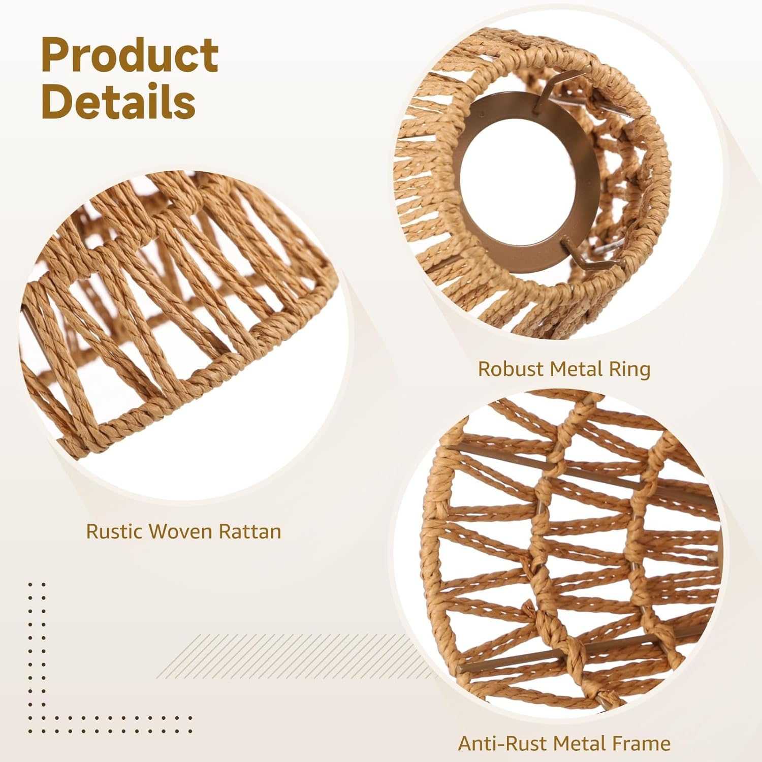 3 PCS E27 Rattan Lamp Shade,Bell Woven Wicker Lampshades Replacement,Paper Rope & Metal Frame,Bohemian Style Light Shade Replacement for Table Lamps,Pendant Lights,Wall Lights - Image 4