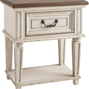 Signature Design by Ashley Realyn Traditional Cottage 1 Drawer Nightstand with Dovetail Construction & Open Display Shelf, Chipped White, 27" Tall, Distressed Brown