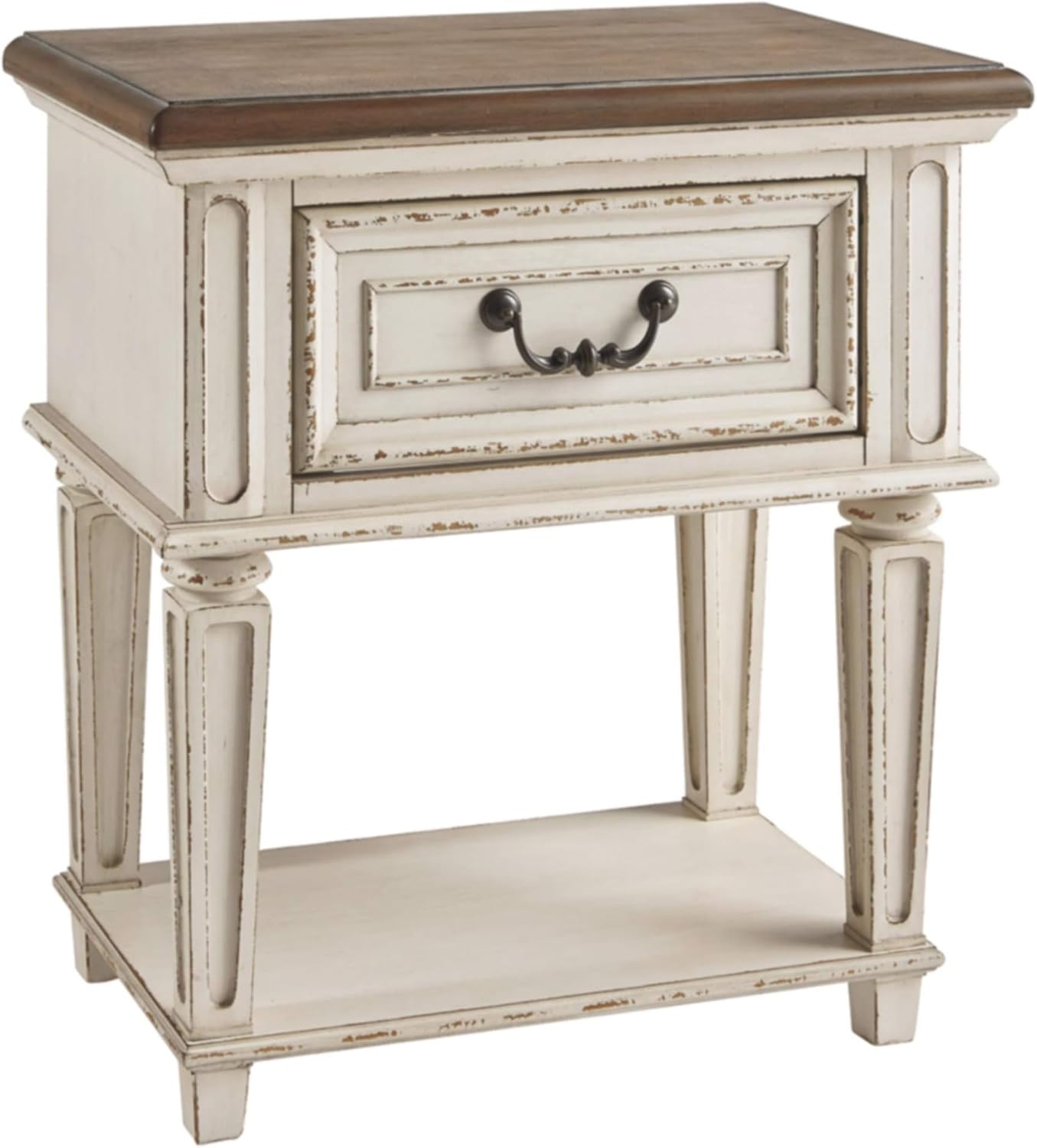 Signature Design by Ashley Realyn Traditional Cottage 1 Drawer Nightstand with Dovetail Construction & Open Display Shelf, Chipped White, 27″ Tall, Distressed Brown