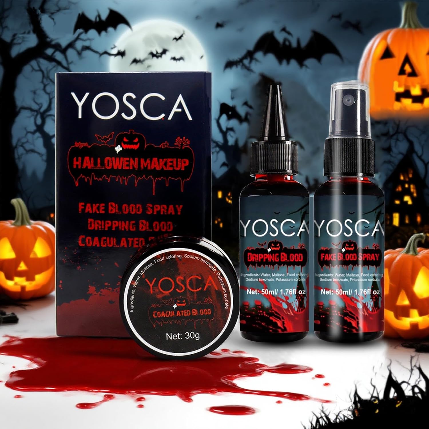 Yosca 3Pcs Halloween Fake Blood, Realistic Washable Fake Blood Spray, Dripping, Coagulated Halloween Makeup Kit, Face Body Paint Special Effects Makeup for Clown Zombie Bride Vampire Monster Cosplay - Image 7
