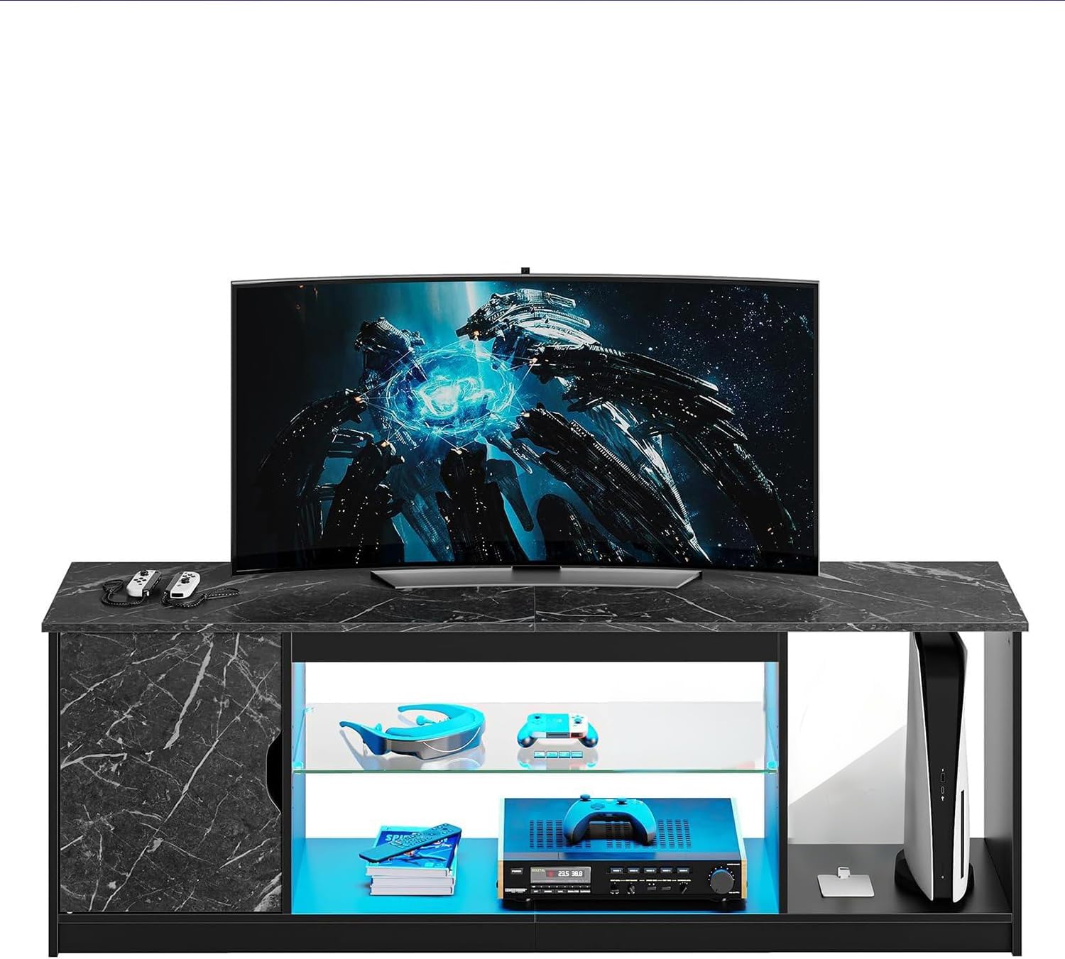Bestier LED TV Stand for 55/60/65 Inch TV, Gaming Entertainment Center with Cabinet for PS5, Xbox,Modern TV Cabinet with Adjustable Glass Shelves for Living Room, Bedroom 57 Inch,Black Marble - Image 9
