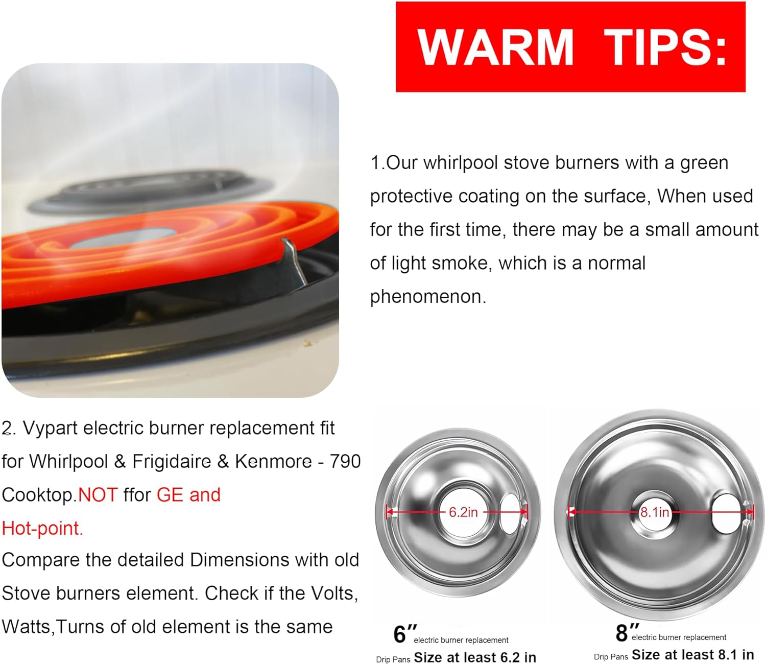 Stove Element Replacement for Aman.a Whirlpool Ke.nmore Electric Range Burner-MP22YA Electric Range Burner Element Set Includes 2Pcs 8-Inch MP21YA & 2Pc6-Inch MP15YA - Image 5