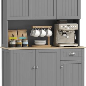 HOMCOM 71" Buffet with Hutch, Modern Farmhouse Kitchen Pantry Storage Cabinet with Microwave Oven Countertop, Drawer, Gray