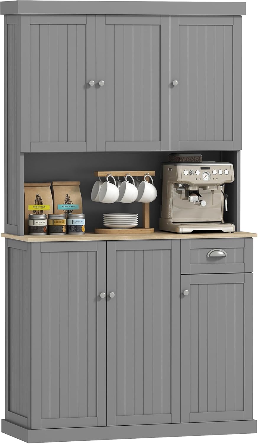 HOMCOM 71" Buffet with Hutch, Modern Farmhouse Kitchen Pantry Storage Cabinet with Microwave Oven Countertop, Drawer, Gray