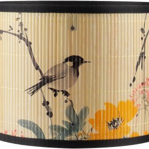 GES Natural Bamboo Drum Lamp Shade 11.8×11.8×7.9In Clip On Table Light Cover, Floral Print Lampshade for Bedroom Living Room, Chandelier Replacement Shade