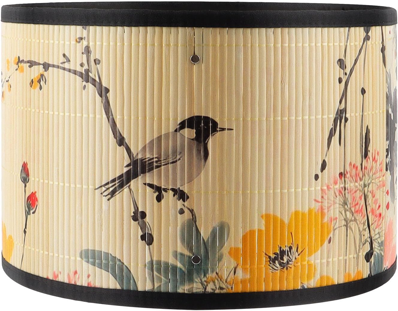 GES Natural Bamboo Drum Lamp Shade 11.8×11.8×7.9In Clip On Table Light Cover, Floral Print Lampshade for Bedroom Living Room, Chandelier Replacement Shade