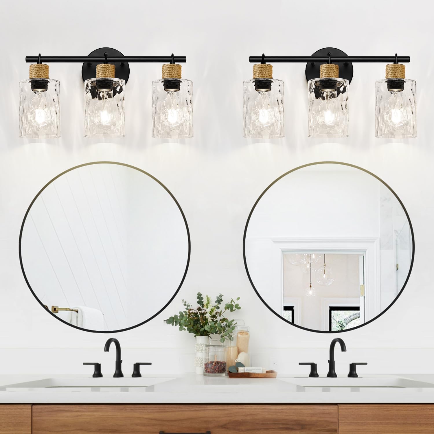 Coastal Bathroom Light Fixtures, Vanity Lights with Hammered Glass and Hemp Rope, 3-Light Matte Black Bathroom Wall Lamp for Mirror Hallway Cabinet - Image 6