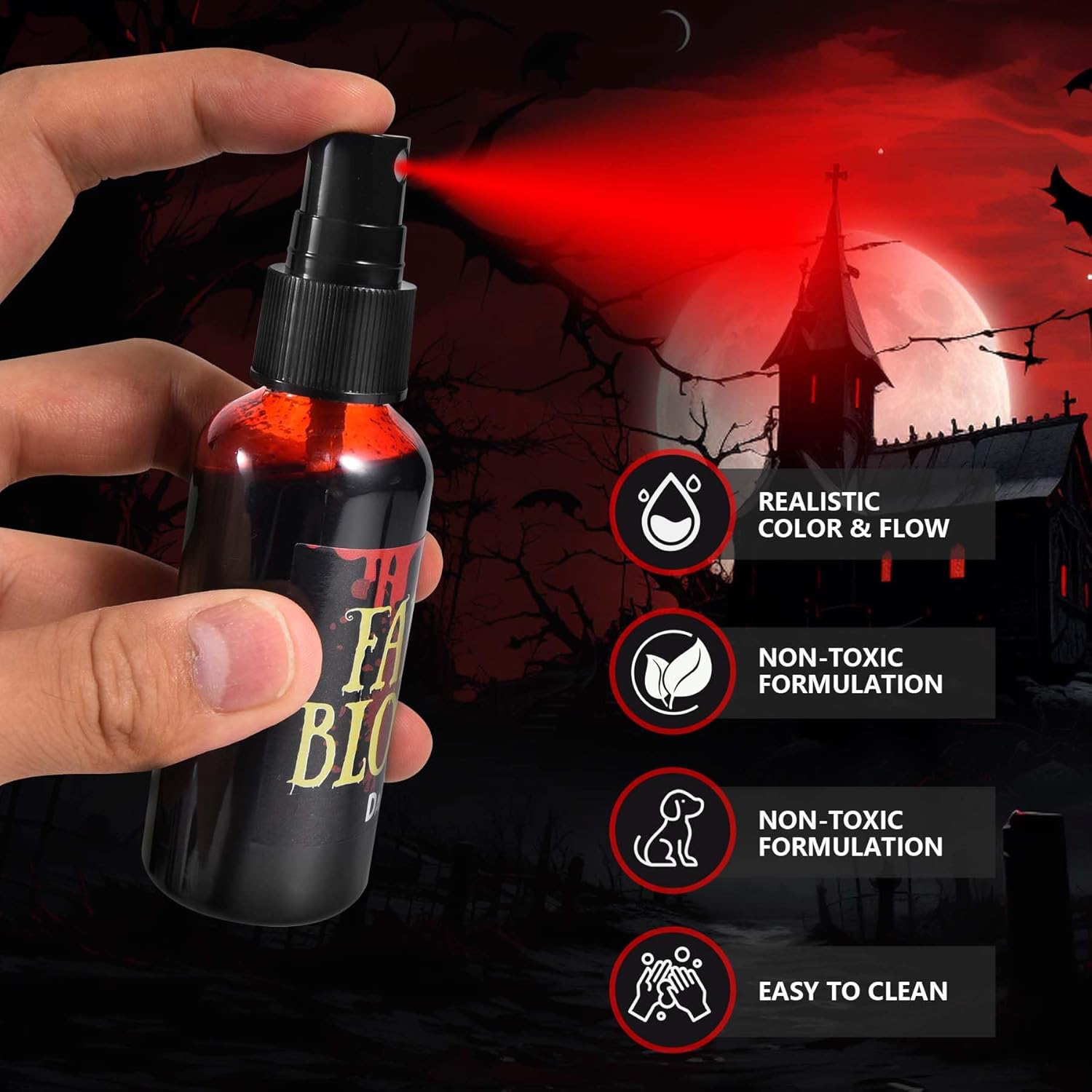 7 PCS Halloween Fake Blood Spray Makeup Kit - Fake Blood 2.1oz X4 + Coagulated Blood Gel 1.41oz + Soap + Sponge, Washable Blood Paint for Clothes SFX Makeup Vampire Accessories, Dark & Fresh - Image 2