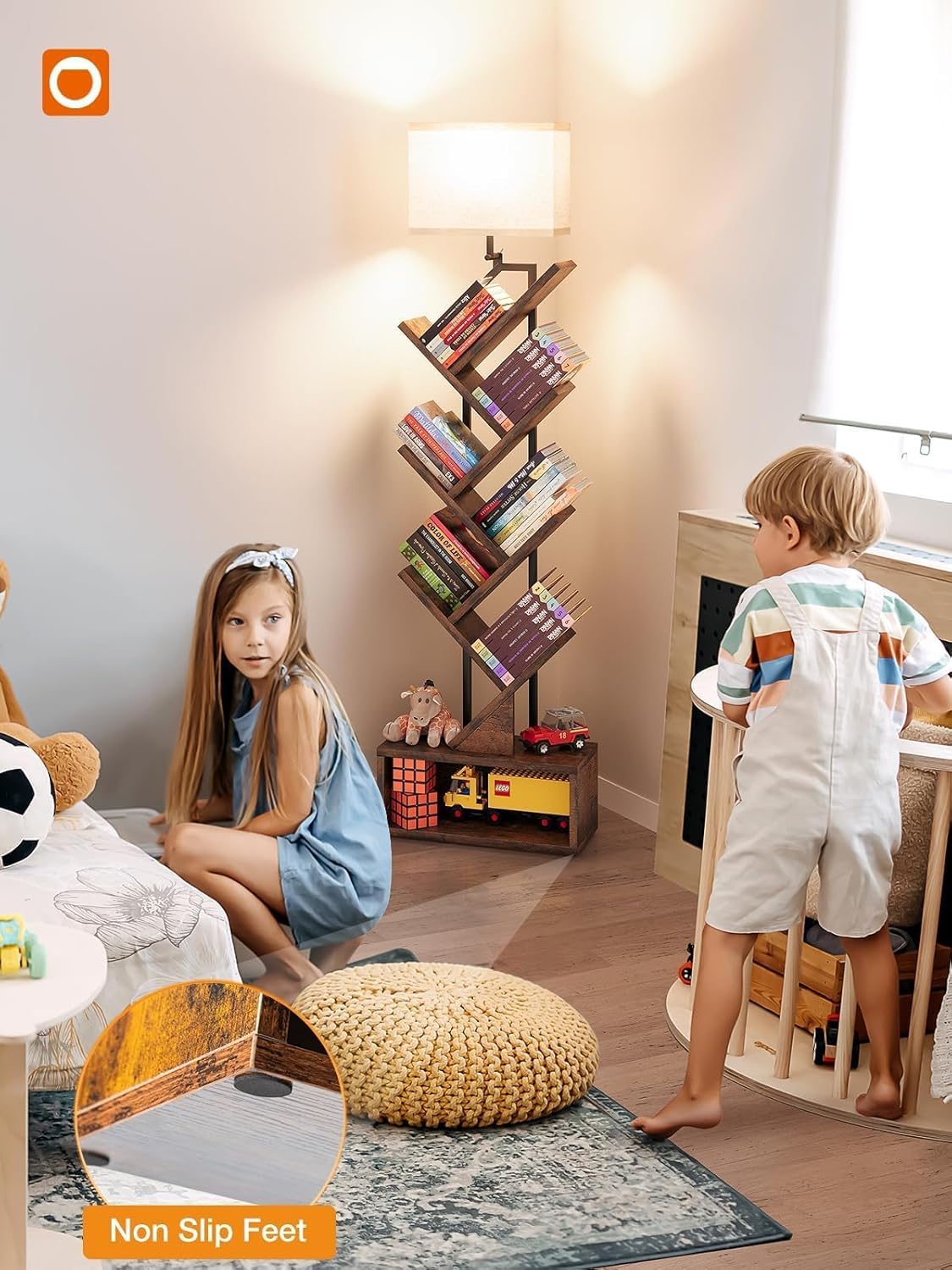 addlon 6-Tier Tree Book Shelf with LED Light, Steel&Wood Bookshelf with Storage Cabinet, Narrow Tall Bookcase with 3CCT Bulb, Small Bookshelf for Bedroom, Home Office&Living Room-Rustic Brown - Image 2