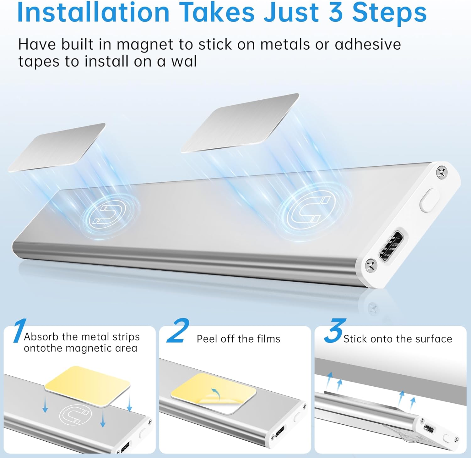 5 Pack Under Cabinet Lighting,Rechargeable Motion Sensor Light Indoor,3 Colors Dimmable,Magnetic Closet Lights,Under Counter Lights for Kitchen - Image 6