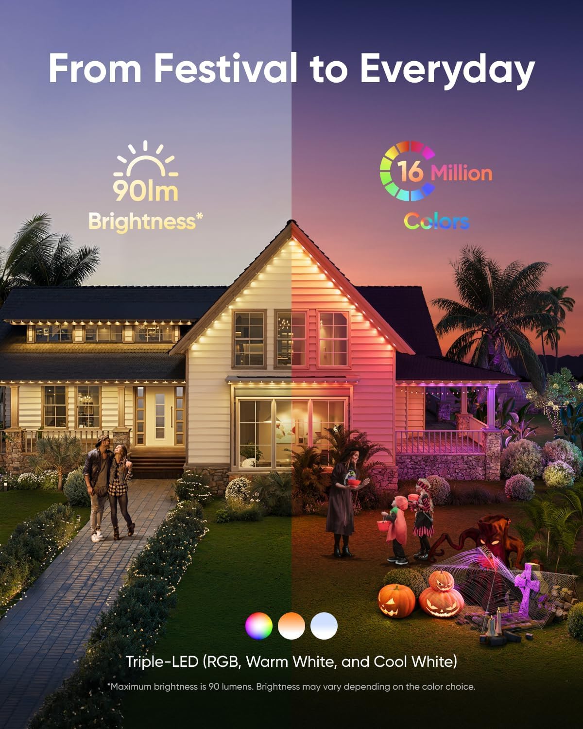 eufy Permanent Outdoor Lights E22, 150ft with 90 Triple-LED Lights, Smart RGBWW, Daily and Holiday, Up to IP67 Waterproof, AI Lighting Themes for Halloween, Christmas, Links with Cameras, White - Image 3