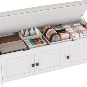 HOMEFORT 41.3" Shoe Bench with Lift Top Storage, Entryway Bench with Cushioned Seat, Wooden End of Bed Bench, Shoe Cabinet Bench with Hidden Storage Space, for Bedroom, Hallway,White