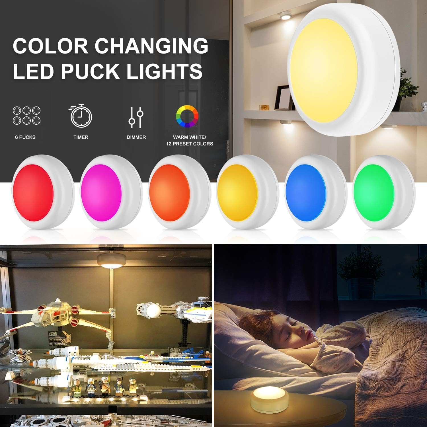 BLS LED Puck Lights with Remote Control, Wireless Under Cabinet & Closet Lighting, RGB 13 Color Changing Lights with Dimmer, Timer & AA Battery Operated, Push, Touch, Stick on for Night, Wall, 6 Pack - Image 7
