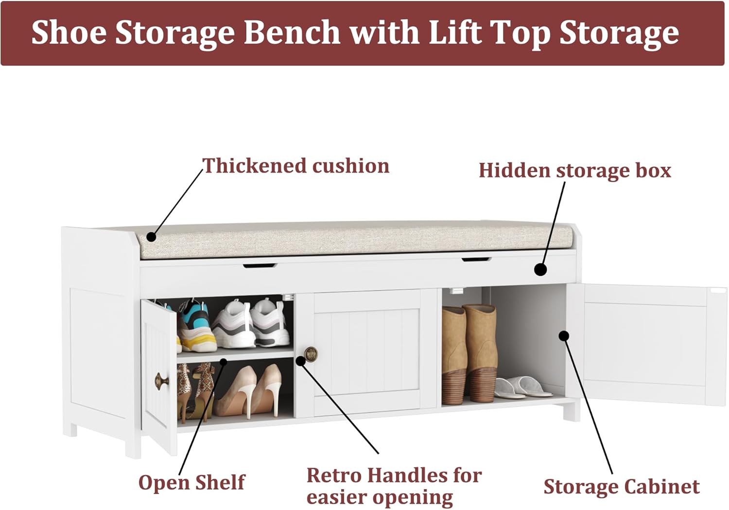 HOMEFORT 41.3" Shoe Bench with Lift Top Storage, Entryway Bench with Cushioned Seat, Wooden End of Bed Bench, Shoe Cabinet Bench with Hidden Storage Space, for Bedroom, Hallway,White - Image 6