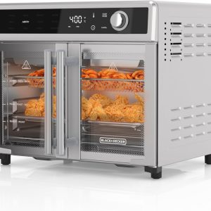 BLACK+DECKER Crisp 'N Bake Air Fryer Toaster Oven Combo, 12 in 1 Countertop Convection Oven Cooks Food Fast, Fits a Whole Pizza or 6 Toast Slices, French Doors with Stainless Steel Finish