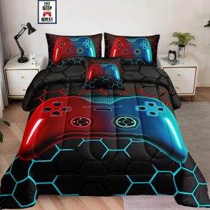 6 Pieces Bed in a Bag for Boys Bedding Sets Queen Size,Gamer Comforter Sets for Boys Kids, Gaming Comforter Set for Teens Room Decor with Flat Sheet,Fitted Sheet,Pillowcase,Cushion Cover