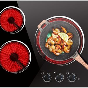 Electric Cooktop 24 Inch - 5700W 3 Burner Electric Stove with Knob Conrol, 220-240V Electrics Stove Top 24'', Built-in, Automatic Shutdown & 9 Heating Levels, Residual Heat Warning, Hard Wire