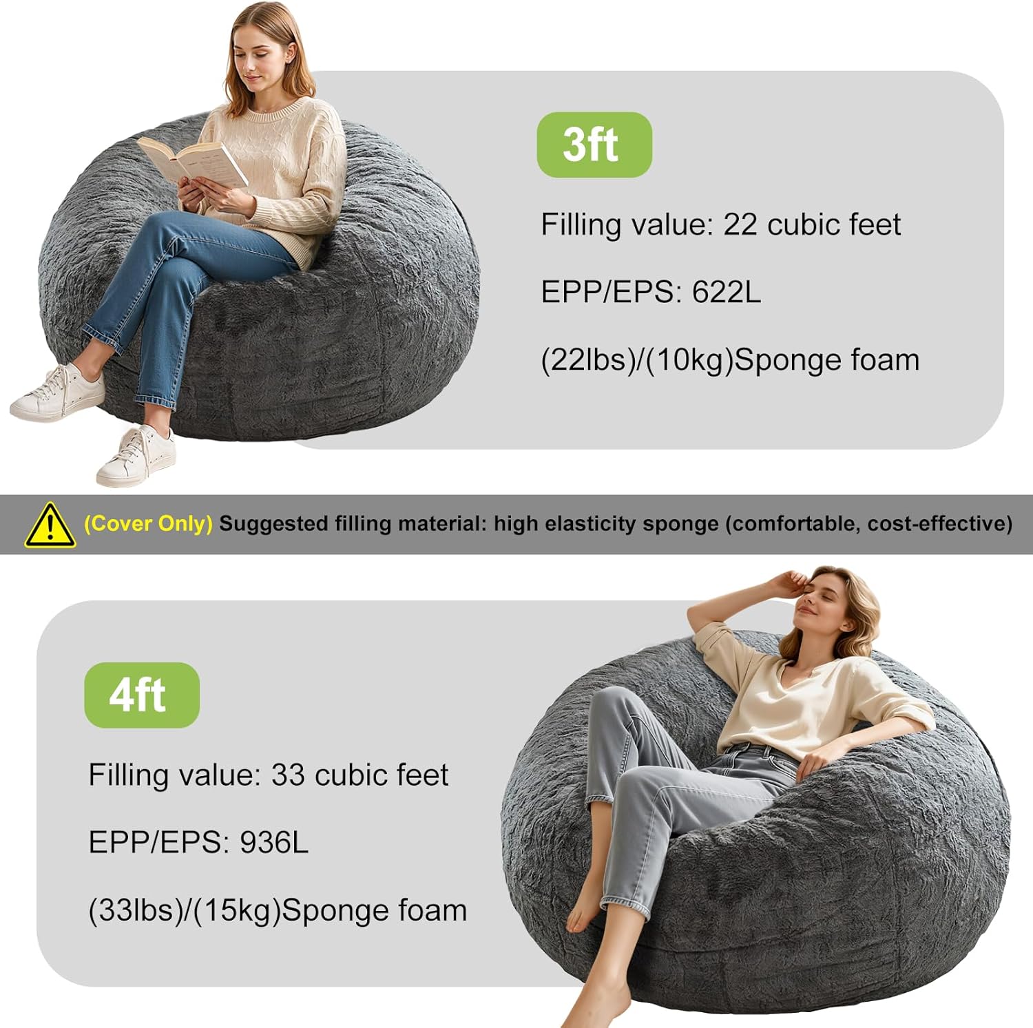 Bean Bag Chair Cover Without Filler,Round Soft Fluffy PV Velvet Washable Bean Bag Lazy Sofa Bed Cover for Adults,Living Room Bedroom Furniture Outside,3ft Dark Grey(No Filler) - Image 3