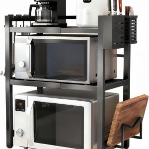 Adjustable Microwave Oven Rack, Microwave Stand Shelf Heavy Duty 3-Tier Shelf with Cutting Boards Stand Knife Rack and Chopstick Holder for Kitchen Shelves Counter Top Organizer, Holds 55lbs,6 Hooks