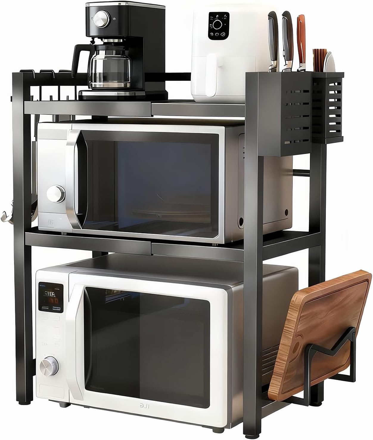 Adjustable Microwave Oven Rack, Microwave Stand Shelf Heavy Duty 3-Tier Shelf with Cutting Boards Stand Knife Rack and Chopstick Holder for Kitchen Shelves Counter Top Organizer, Holds 55lbs,6 Hooks