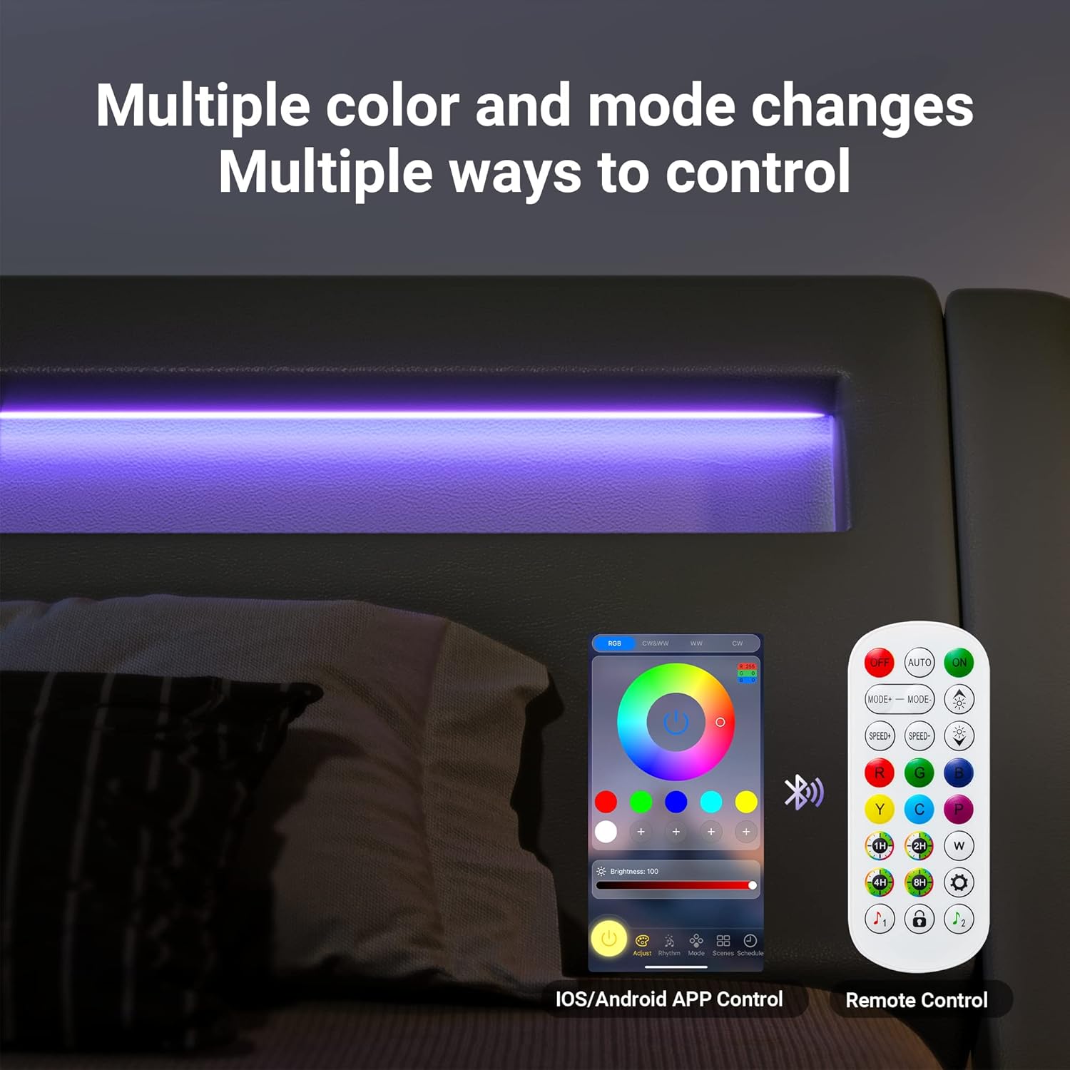 Allewie Queen Size LED Platform Bed Frame with Adjustable Headboard/No Box Spring Need/Easy Assembly/Faux Leather in Grey - Image 5