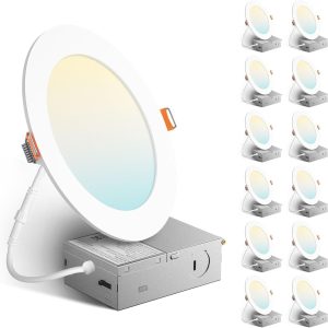 Amico 12 Pack 6 Inch 5CCT Ultra-Thin LED Recessed Ceiling Light with J-Box, 2700K/3000K/3500K/4000K/5000K Selectable, 12W=110W, Dimmable Canless Downlight, 1050LM High Brightness