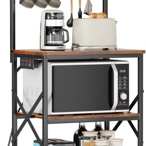 Furologee Kitchen Bakers Rack with Power Outlet, Microwave Oven Stand with Storage 4 Tiers, Coffee Bar Table with 6 S Hooks, Kitchen Storage Shelf Rack for Spices, Pots, Rustic Brown