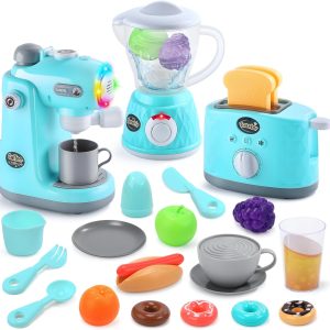 CUTE STONE 3-in-1 Play Kitchen Appliances Set for Kids, Pretend Play Toys with Working Coffee Maker, Blender & Toaster, Realistic Sounds & Light, Includes Play Food & Accessories for Boys & Girls