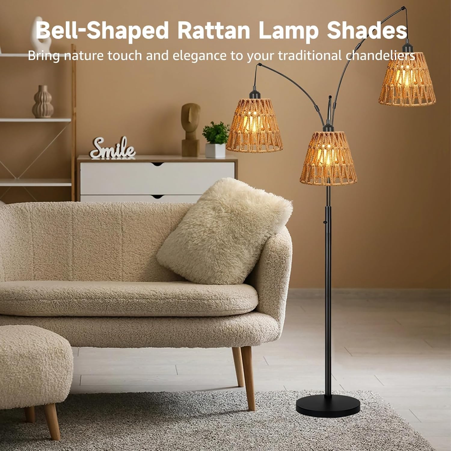 3 PCS E27 Rattan Lamp Shade,Bell Woven Wicker Lampshades Replacement,Paper Rope & Metal Frame,Bohemian Style Light Shade Replacement for Table Lamps,Pendant Lights,Wall Lights - Image 3