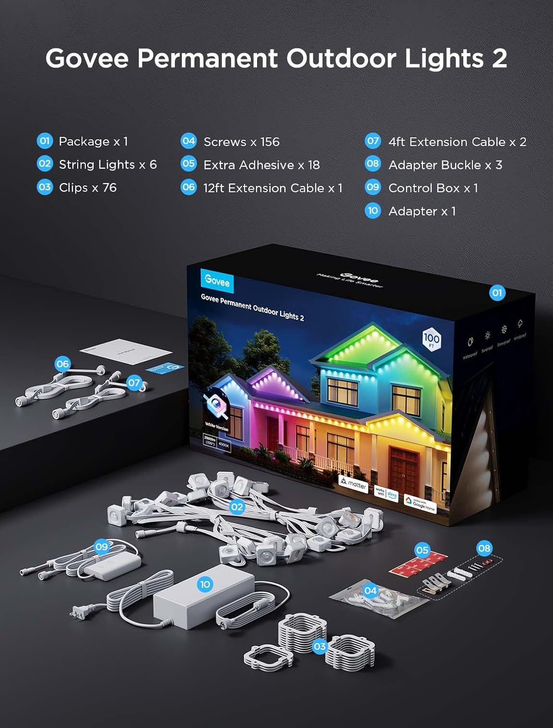 Govee Permanent Outdoor Lights 2, 100ft RGBIC Outdoor Lights with 72 LED Lights, IP67 Waterproof, 100 Scene Modes with 40lm White for Outdoor Decorations, Works with Alexa, Google Assistant, White - Image 9