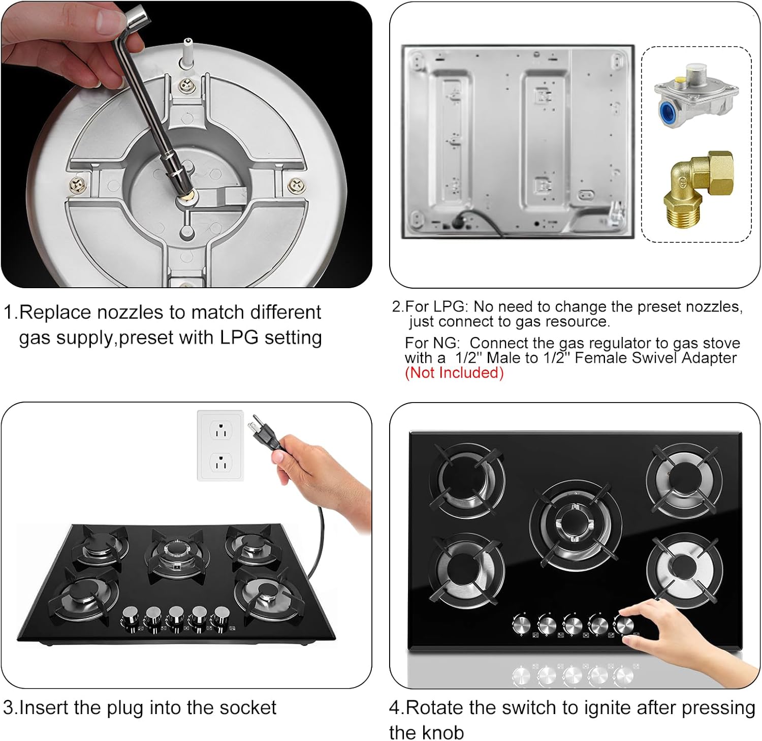 30 Inch Gas Cooktop with 5 Burners,Built-in Tempered Glass Stove Top, LPG/NG Convertible,35,900 BTU, Flame-Out Protection, Electric Ignition,Propane & Natural Gas Hob for Kitchen & RV - Image 7
