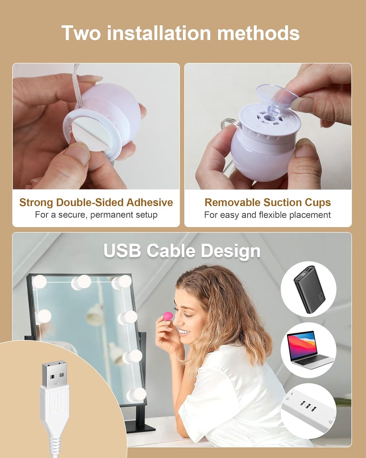 14 Bulbs LED Vanity Lights for Mirror, 3000K 4000K 6500K & 10-Brightness, Wire Length Adjustable, USB Cable, Hollywood Mirror Lights for Makeup Dressing Room Bathroom, White - Image 5