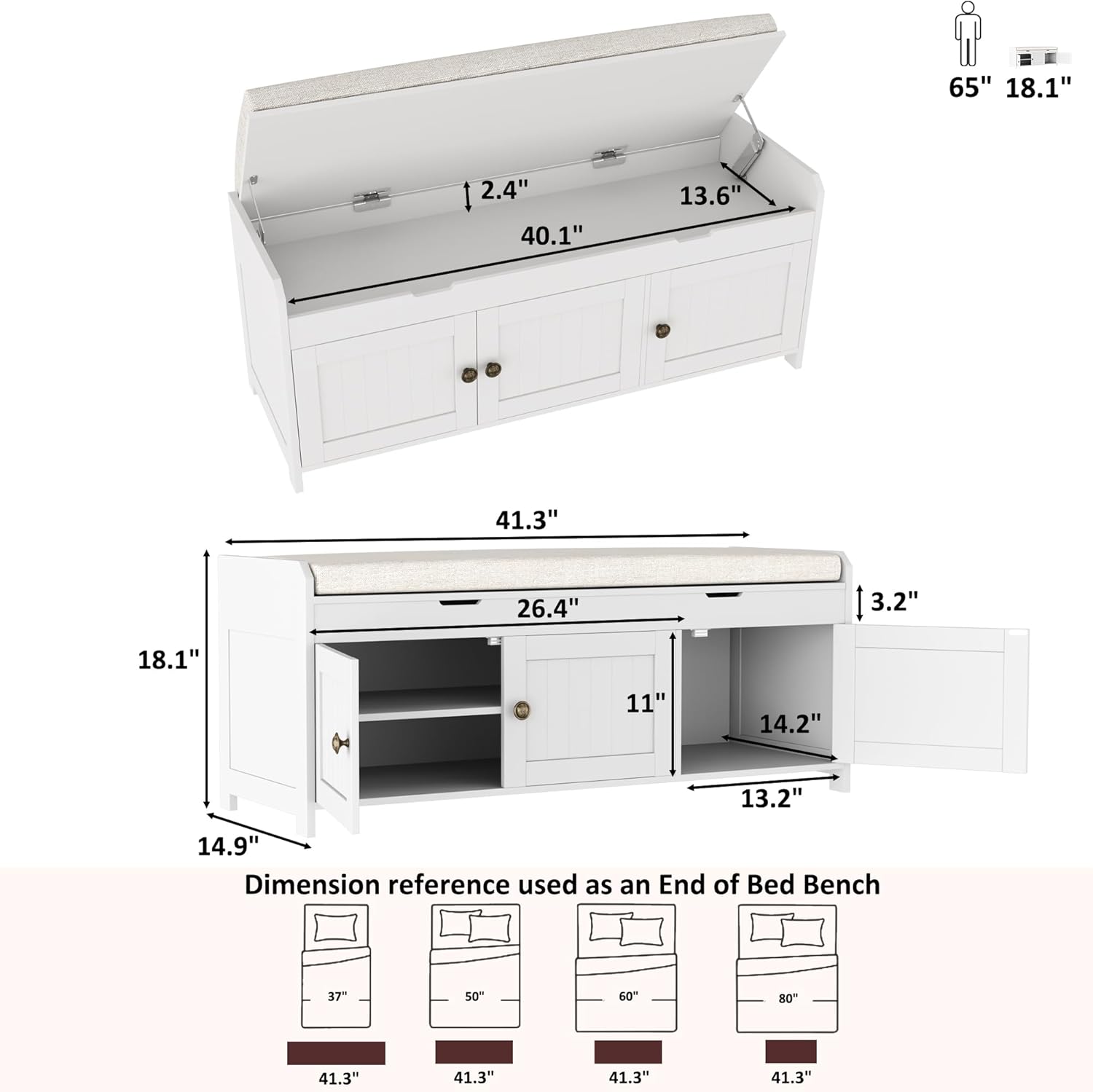 HOMEFORT 41.3" Shoe Bench with Lift Top Storage, Entryway Bench with Cushioned Seat, Wooden End of Bed Bench, Shoe Cabinet Bench with Hidden Storage Space, for Bedroom, Hallway,White - Image 3