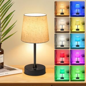 Small Cordless Table Lamp,5000mAh Rechargeable Battery Operated Desk Lamp,3 Colors & 7 RGB Stepless Dimmable, Portable Touch Fabric Shade LED Night Light for Bedroom Restaurant Home(Flaxen)