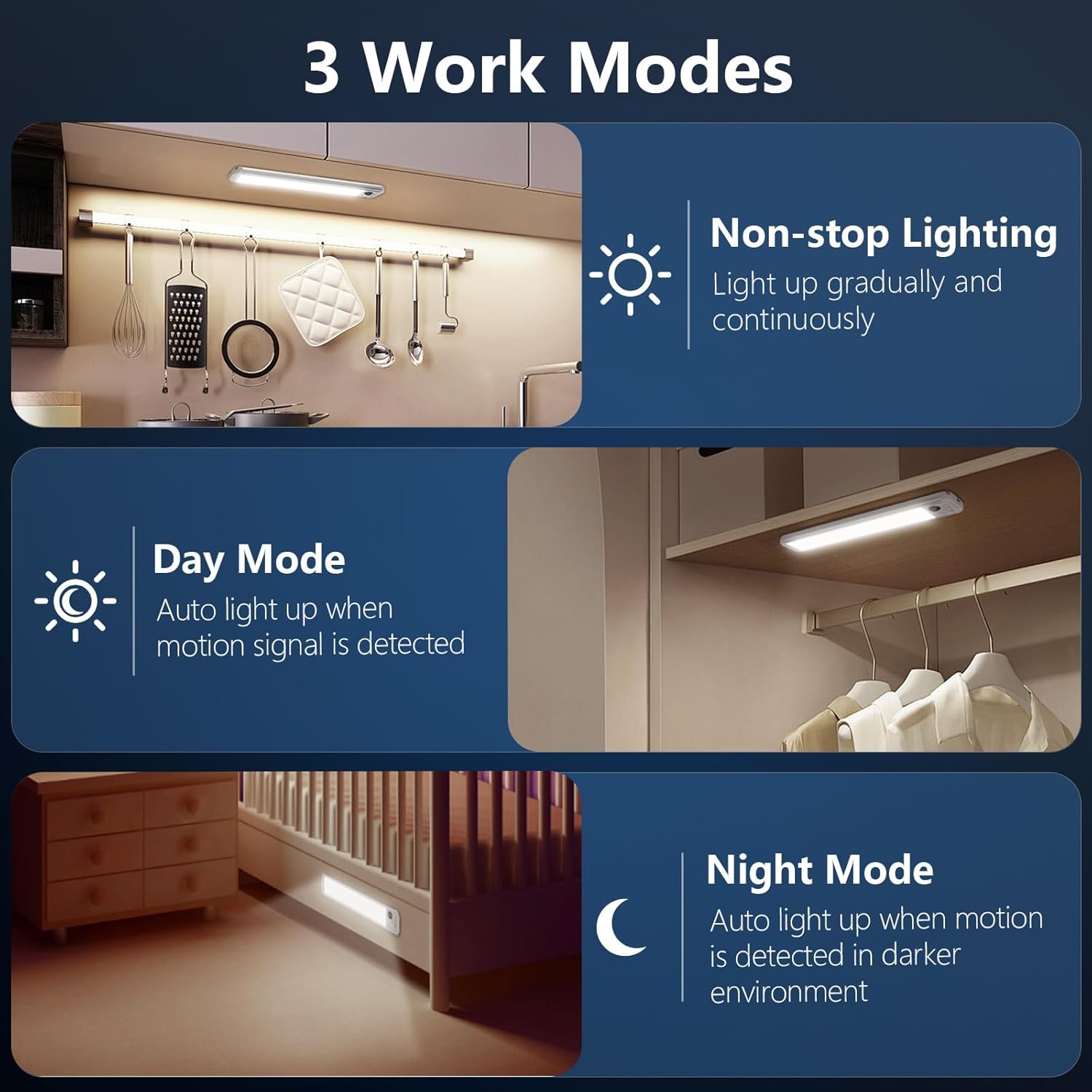 Under Cabinet Lighting, 3 Colors, Motion Sensor Light Indoor, LED Rechargeable Closet Lights Battery Operated, Dimmable Night, Stick-On Magnetic Cabinet Lights for Kitchen Stairs Hallway - Image 2
