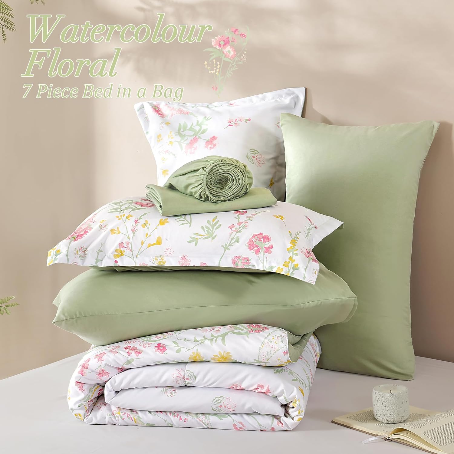 Yiran 7 Piece Pink Green Floral Comforter Set Queen Size, Cute Watercolour Botanical Comforter Bedding Set, Bed in a Bag Queen, Soft Microfiber Complete Bedding Set with Sheets for All Season - Image 7