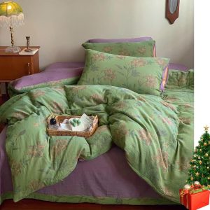 VM VOUGEMARKET Linen Cotton Jacquard Duvet Cover Queen,3 Pcs Yarn-Dyed Textured Duvet Cover Set Green Purple Floral Bedding Breathable, Natural Wrinkled Look-No Comforter