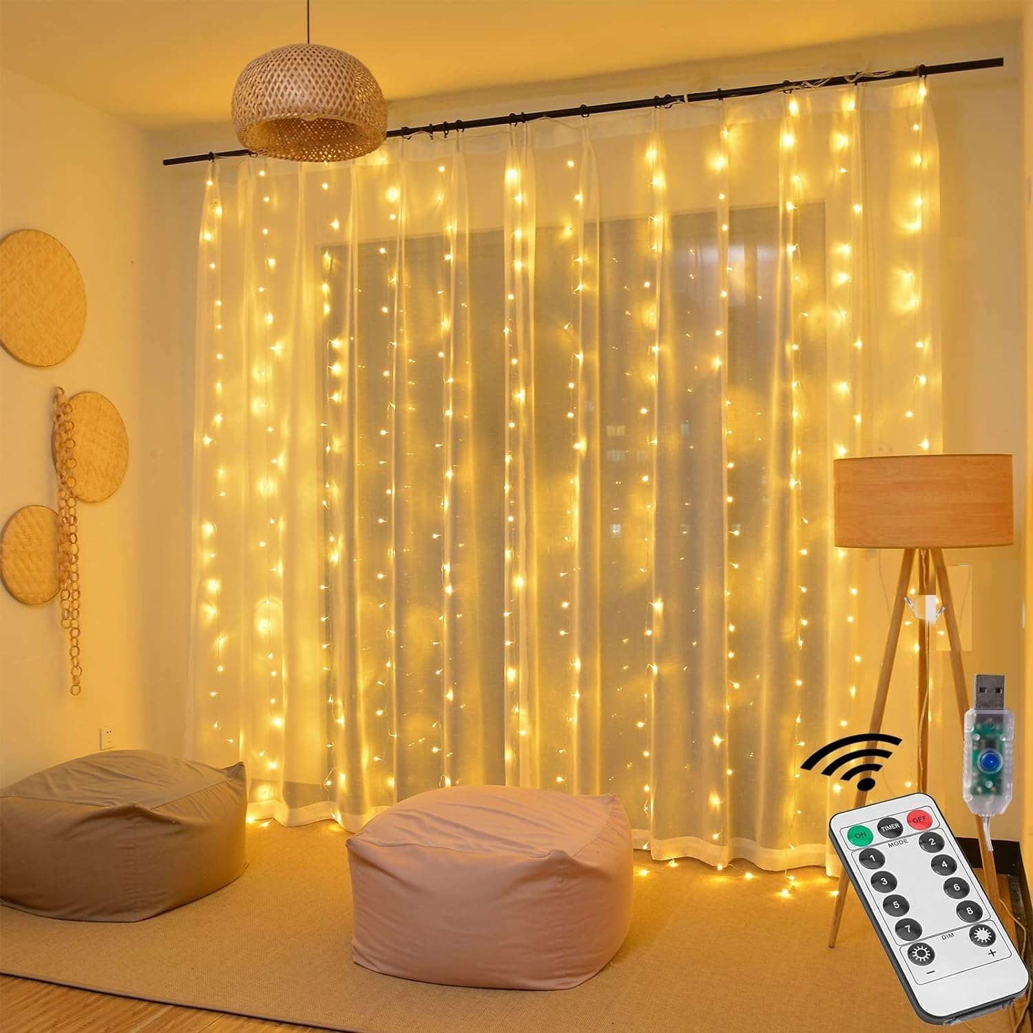 Honche 300Led Fairy Curtain String Lights 10x10ft with Remote Window Lights for Bedroom Wedding Party Festive Season Propose Christmas Decoration(Warm White) - Image 9