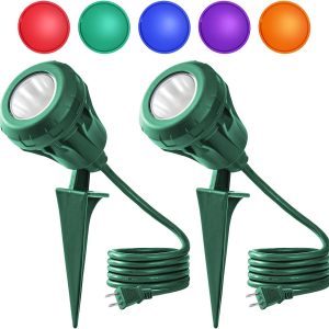 LED Christmas Spotlight Outdoor Plug in, 800LM Waterproof Flood Lights with 5 Extra Lenses (Red Green Blue Purple Orange), 5000K Landscape Light for Yard, Flag, Holiday Decor, ETL Listed, 2 Pack