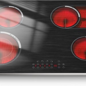 30 Inch Electric Cooktop 4 Burner, Built-in Electric Stove 30" 6600W, Ceramic Stove with Oval and Dual Zone, Metal Frame, Child Lock, Timer, 220-240V Hard Wired, Brushed Black (No Plug)