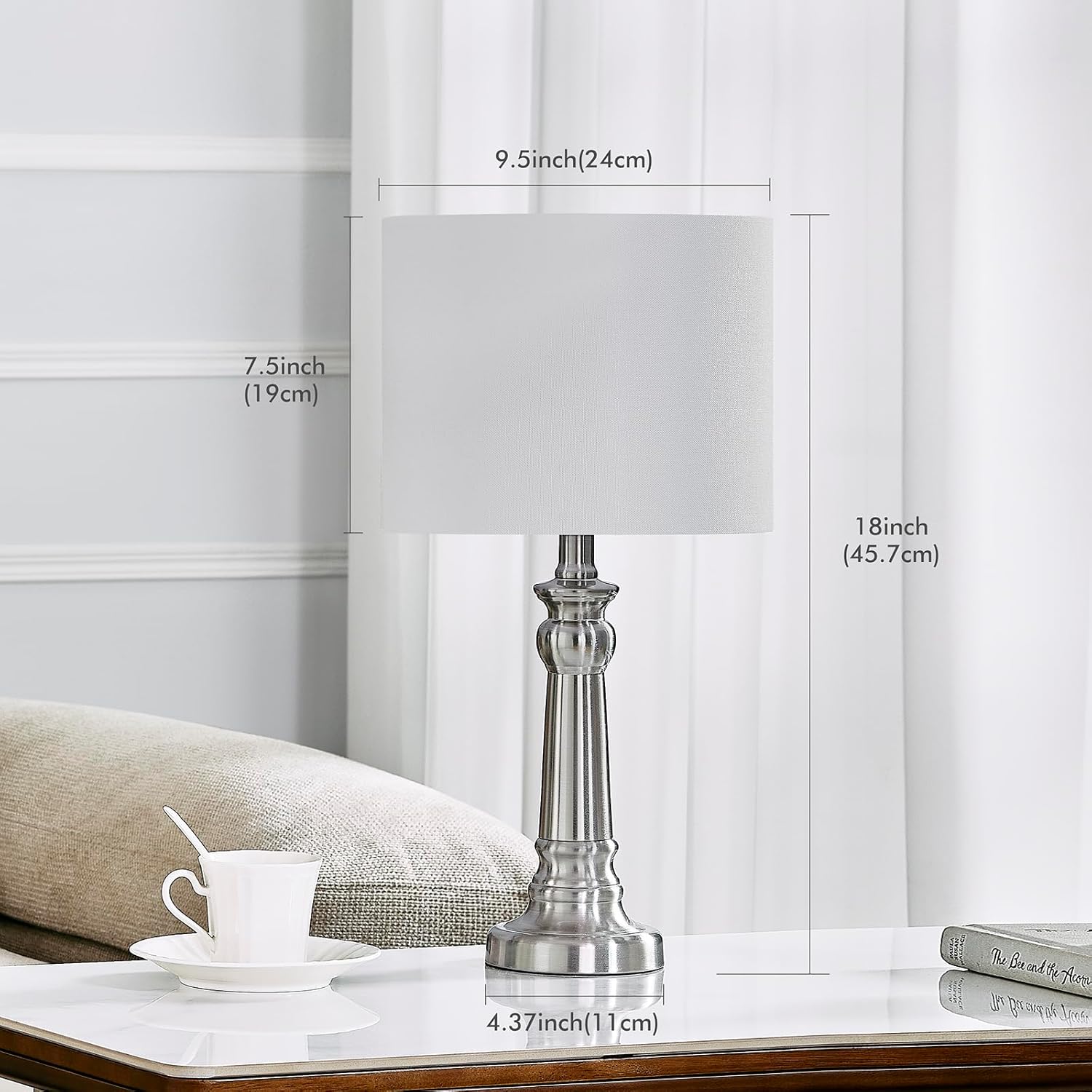 Table Lamps for Living Room, Modern Bedroom Lamps Set of 2 with Nickel Metal Base White Round Shades for Reading, Decor Silver Lamps for Night Stands, LED Bulbs Included - Image 2