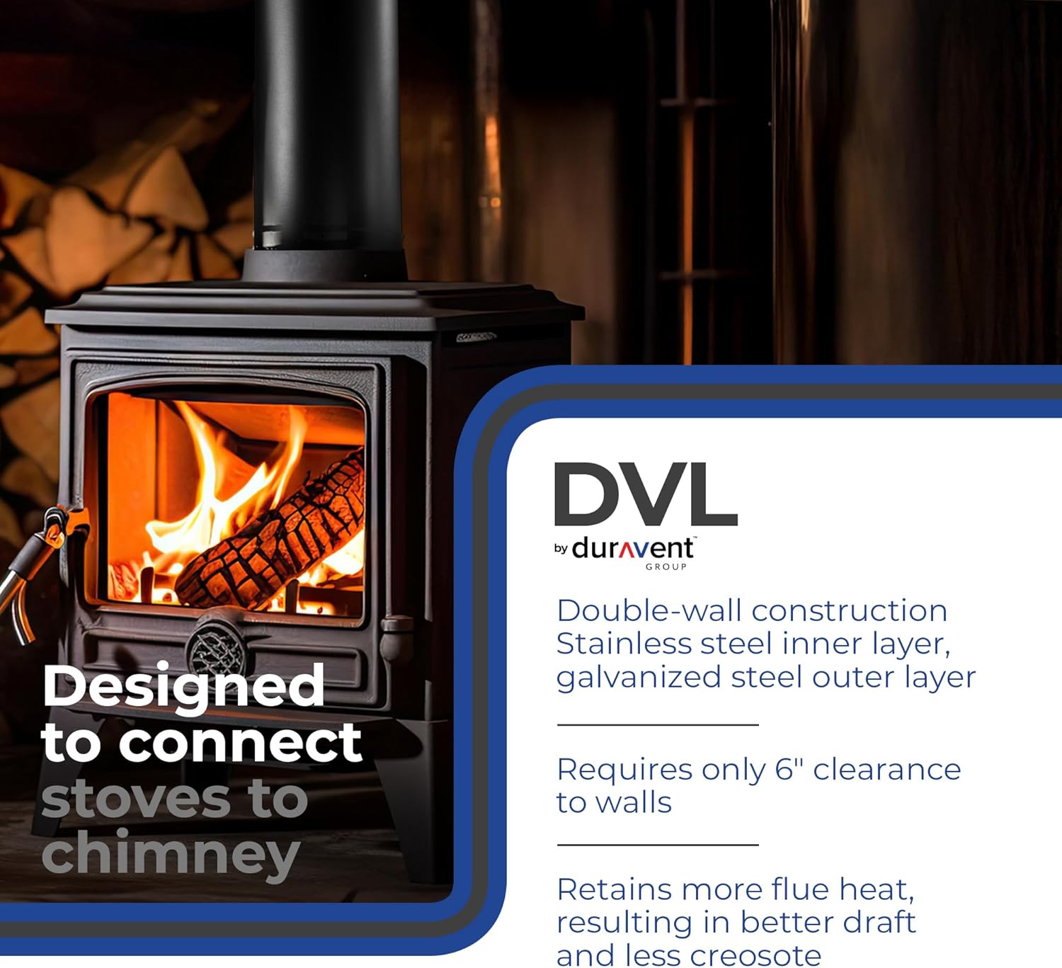 DuraVent DVL Double-Wall Chimney Stove Pipe, 6" x 48" - Galvanized Steel Vent and Exhaust Connector for Wood, Oil, Coal or Gas Stoves, Quick Install, Draft-Enhancing Venting Stovepipe - Image 2