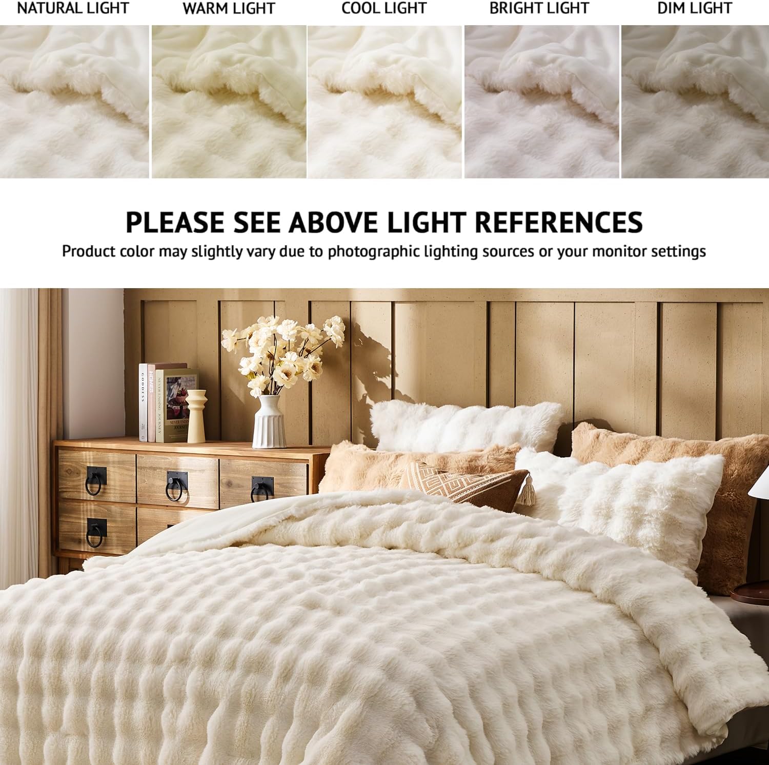 Lotus Karen Faux Fur Queen Comforter Set – Cream White Fluffy Comforter Queen Size, Big Bubble Faux Rabbit Fur Bedding Comforter Sets, Warm Cozy Fuzzy Bed Set 3 Pieces, 1 Comforter and 2 Pillowcases - Image 5
