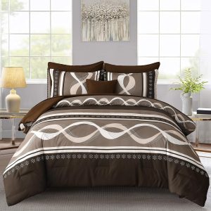 Brown Comforter Set King Size, 8 Pieces Bed in a Bag Patchwork Striped Comforter Set, Soft Microfiber Boho Bedding Set for All Season(90"×104")