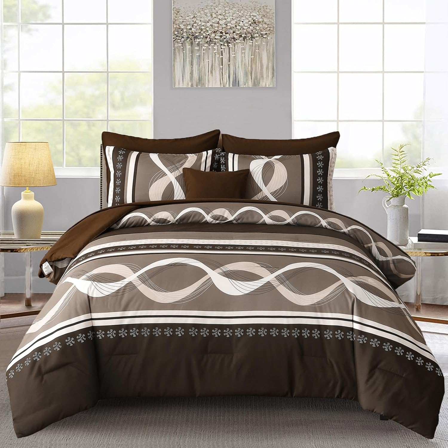Brown Comforter Set King Size, 8 Pieces Bed in a Bag Patchwork Striped Comforter Set, Soft Microfiber Boho Bedding Set for All Season(90"×104")