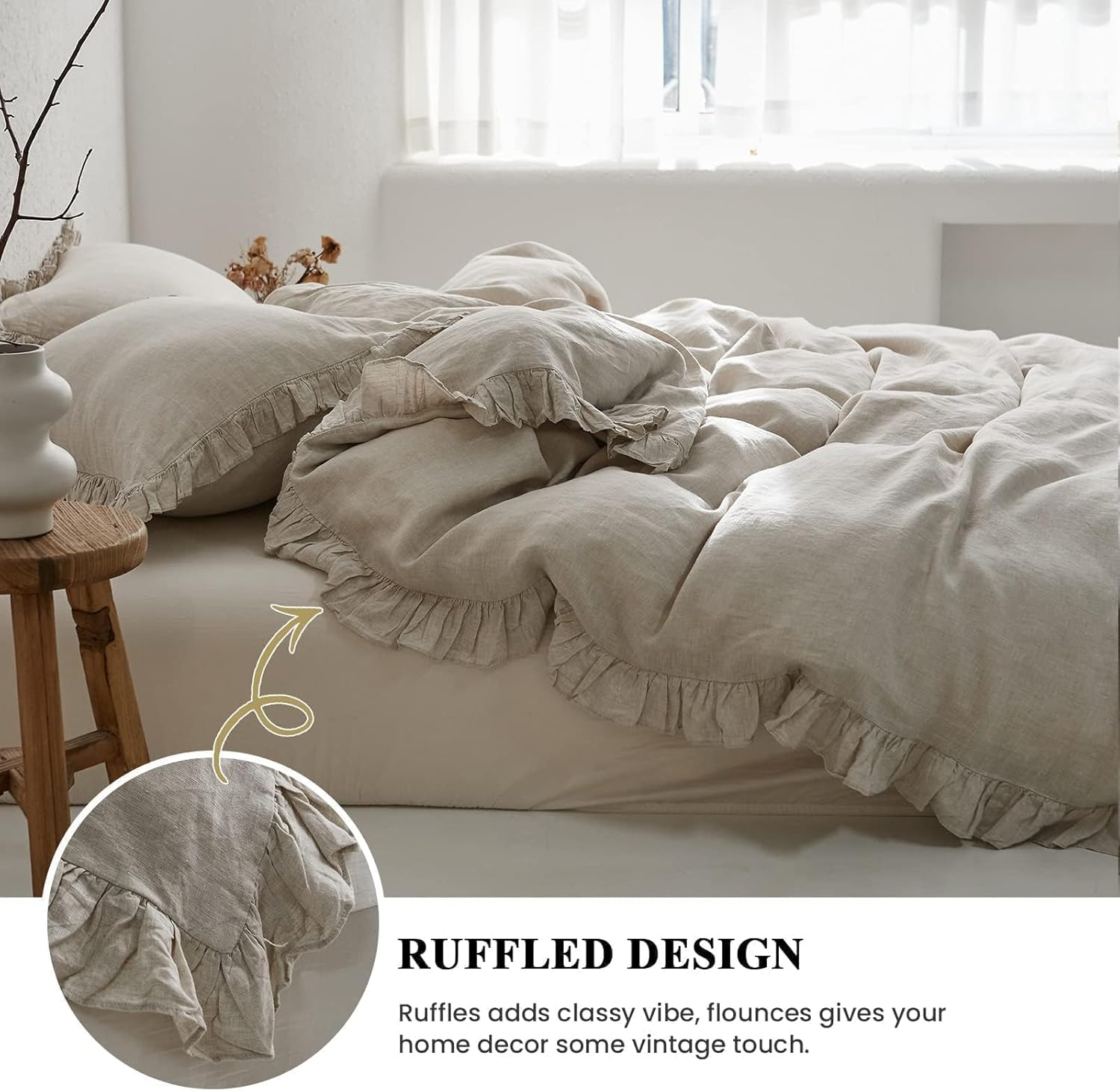 Simple&Opulence 100% Linen Duvet Cover Set, 3 PCS Natural French Flax Ruffle Duvet Cover Queen Size, Breathable Comfy Linen Bedding Comforter Cover with 2 Pillowcases (Natural Linen, 88" X 92") - Image 5