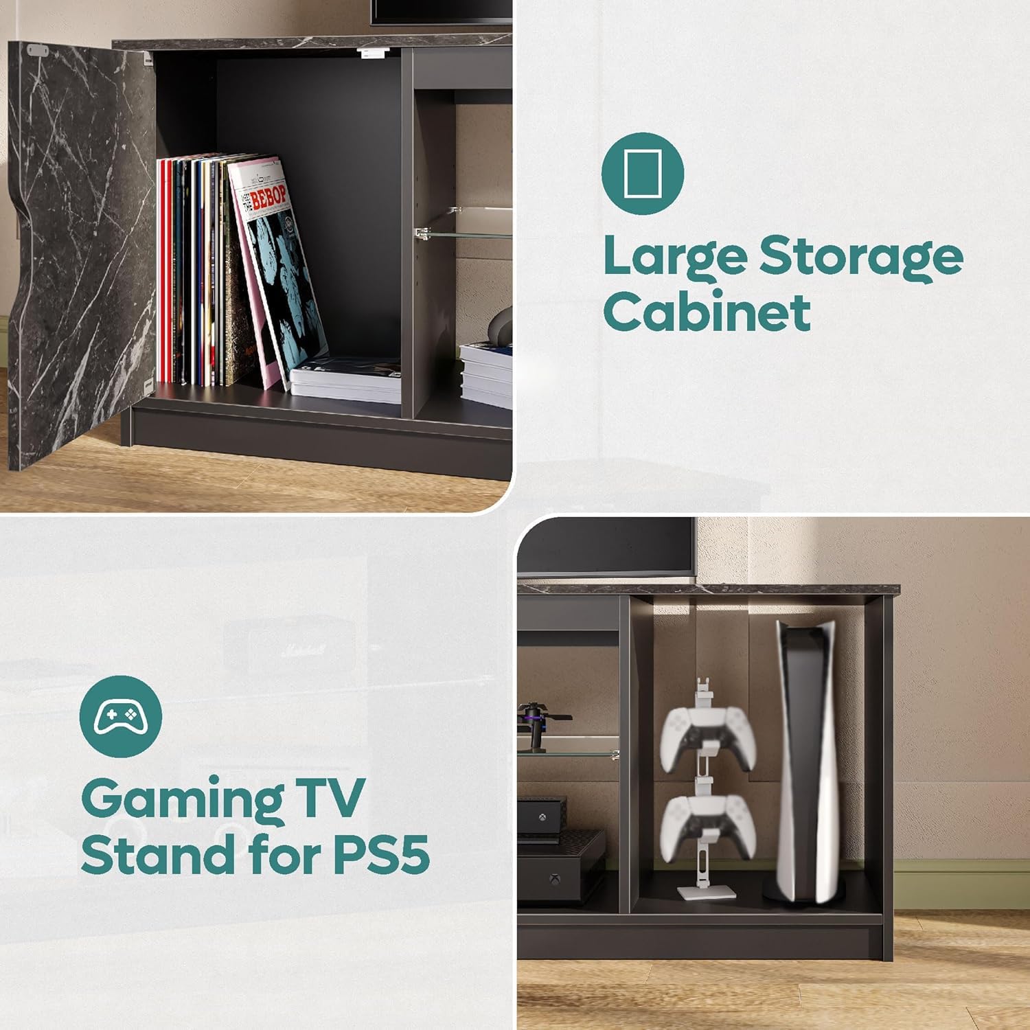 Bestier LED TV Stand for 55/60/65 Inch TV, Gaming Entertainment Center with Cabinet for PS5, Xbox,Modern TV Cabinet with Adjustable Glass Shelves for Living Room, Bedroom 57 Inch,Black Marble - Image 7