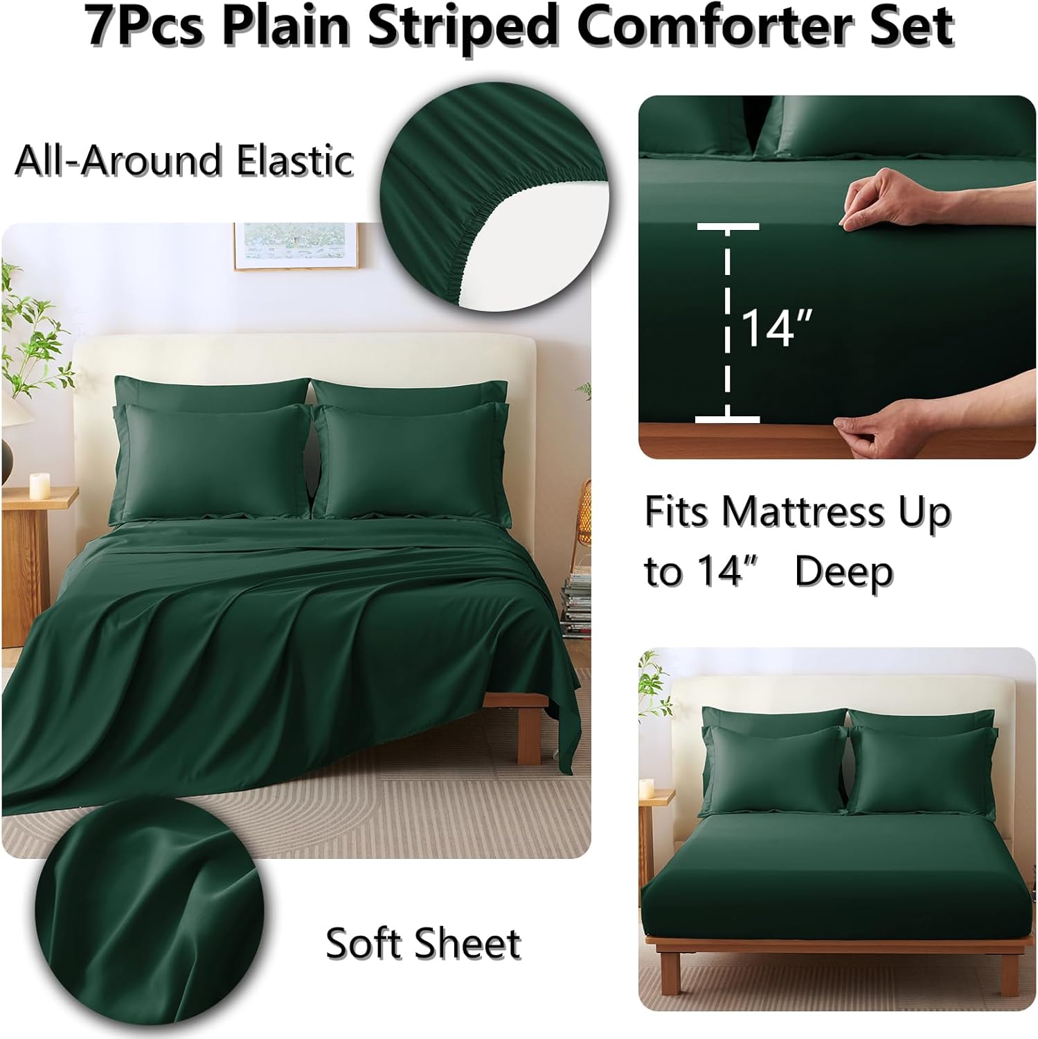 CozyLux Queen Comforter Set - 7 Pieces Bed in a Bag Emerald Green Comforters Queen Size Bed Set, Soft Bedding Set with All Seasons Comforter, Sheets, Pillowcases & Shams - Image 5