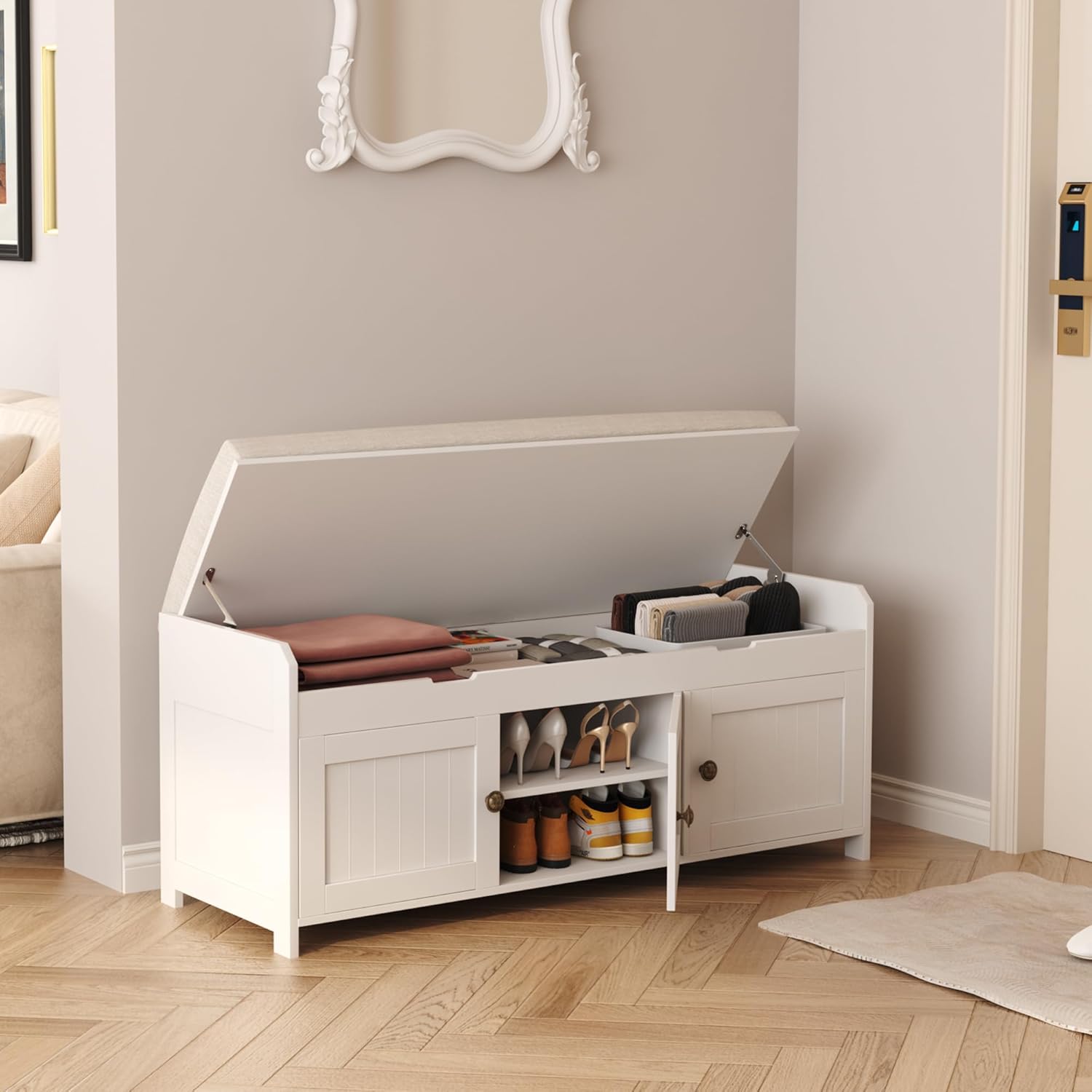 HOMEFORT 41.3" Shoe Bench with Lift Top Storage, Entryway Bench with Cushioned Seat, Wooden End of Bed Bench, Shoe Cabinet Bench with Hidden Storage Space, for Bedroom, Hallway,White - Image 9