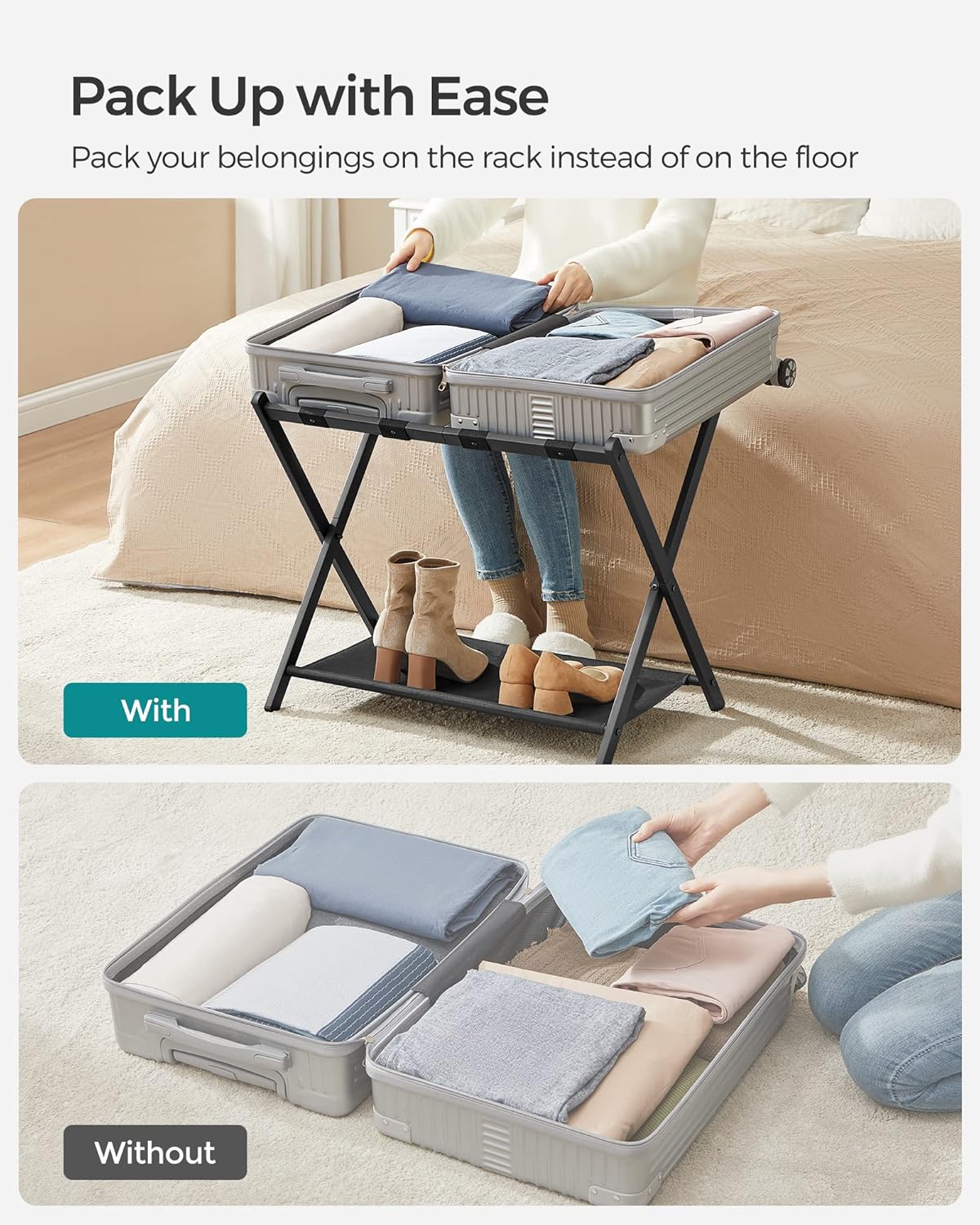 SONGMICS Luggage Racks for Guest Room, Set of 2, Suitcase Stand with Storage Shelf, Steel Frame, Foldable for Easy Storage, Hotel, Bedroom, Black URLR003B02 - Image 3